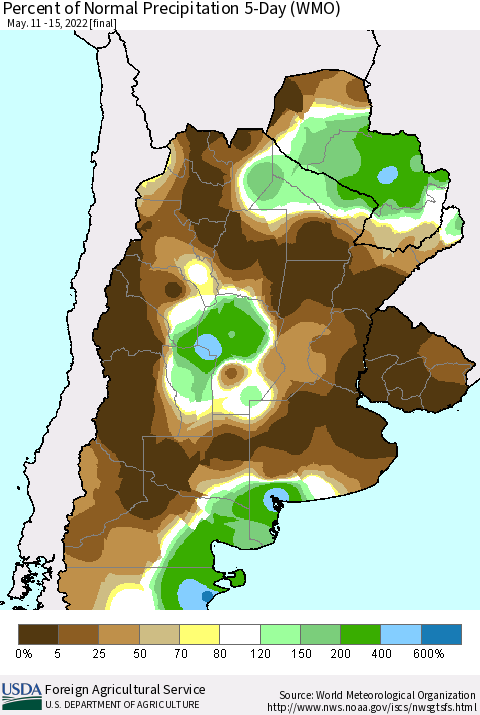 Southern South America Percent of Normal Precipitation 5-Day (WMO) Thematic Map For 5/11/2022 - 5/15/2022