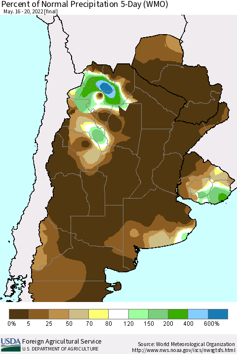 Southern South America Percent of Normal Precipitation 5-Day (WMO) Thematic Map For 5/16/2022 - 5/20/2022