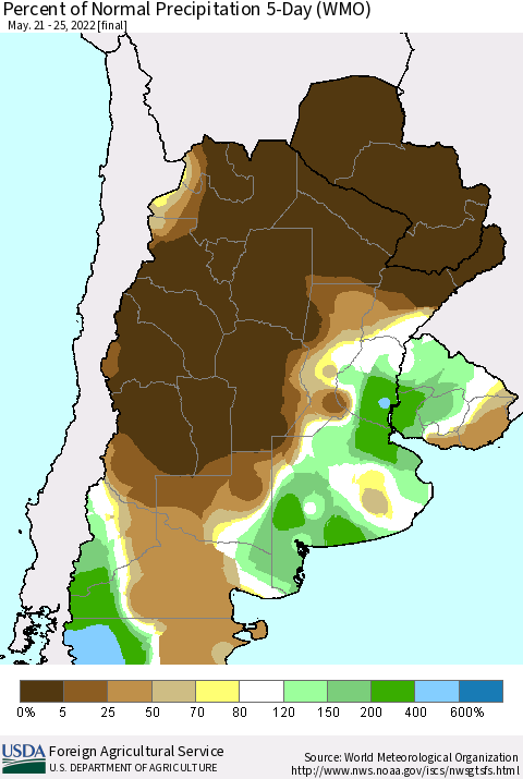 Southern South America Percent of Normal Precipitation 5-Day (WMO) Thematic Map For 5/21/2022 - 5/25/2022