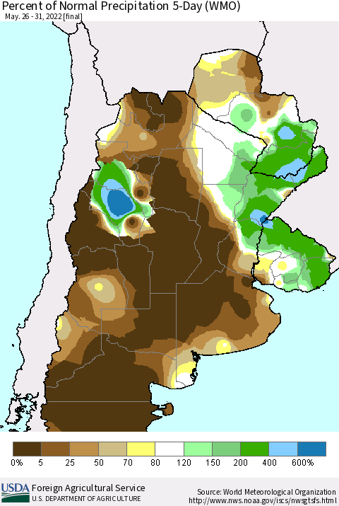 Southern South America Percent of Normal Precipitation 5-Day (WMO) Thematic Map For 5/26/2022 - 5/31/2022