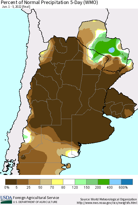 Southern South America Percent of Normal Precipitation 5-Day (WMO) Thematic Map For 6/1/2022 - 6/5/2022