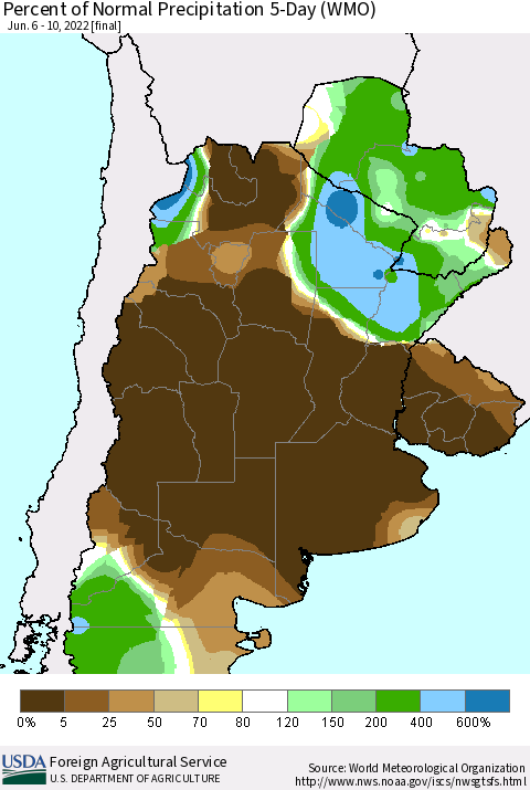 Southern South America Percent of Normal Precipitation 5-Day (WMO) Thematic Map For 6/6/2022 - 6/10/2022