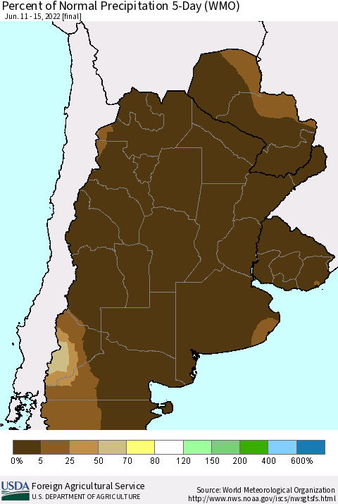 Southern South America Percent of Normal Precipitation 5-Day (WMO) Thematic Map For 6/11/2022 - 6/15/2022