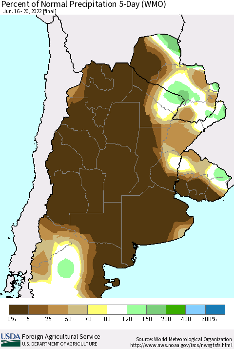Southern South America Percent of Normal Precipitation 5-Day (WMO) Thematic Map For 6/16/2022 - 6/20/2022