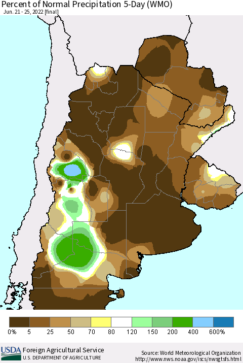 Southern South America Percent of Normal Precipitation 5-Day (WMO) Thematic Map For 6/21/2022 - 6/25/2022