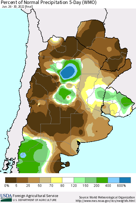 Southern South America Percent of Normal Precipitation 5-Day (WMO) Thematic Map For 6/26/2022 - 6/30/2022