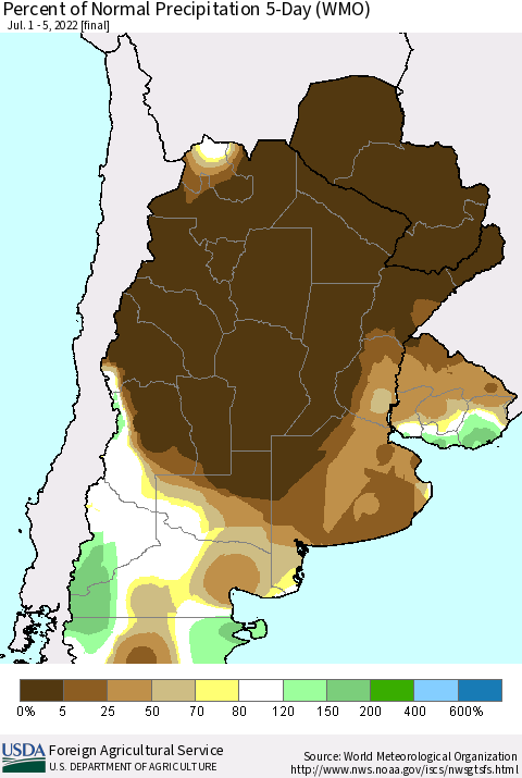 Southern South America Percent of Normal Precipitation 5-Day (WMO) Thematic Map For 7/1/2022 - 7/5/2022