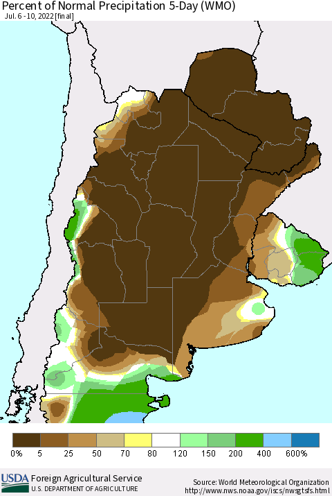 Southern South America Percent of Normal Precipitation 5-Day (WMO) Thematic Map For 7/6/2022 - 7/10/2022