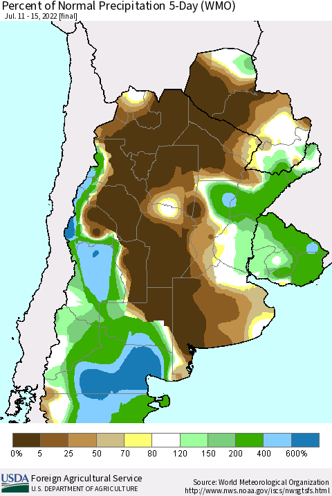 Southern South America Percent of Normal Precipitation 5-Day (WMO) Thematic Map For 7/11/2022 - 7/15/2022