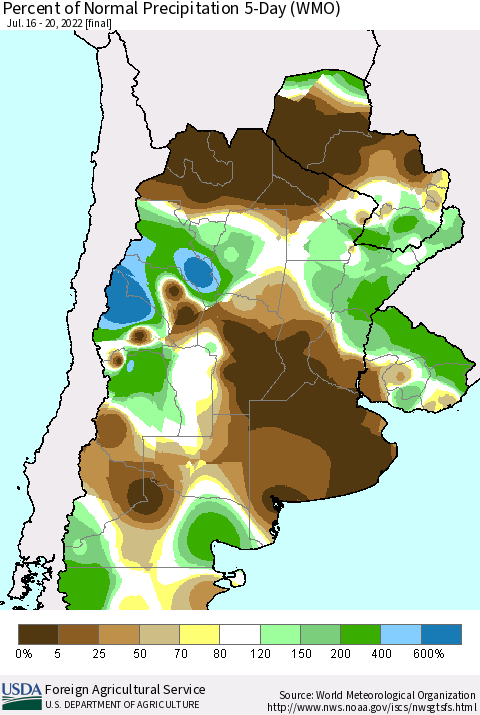 Southern South America Percent of Normal Precipitation 5-Day (WMO) Thematic Map For 7/16/2022 - 7/20/2022
