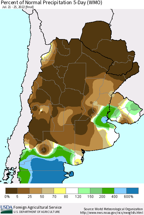Southern South America Percent of Normal Precipitation 5-Day (WMO) Thematic Map For 7/21/2022 - 7/25/2022