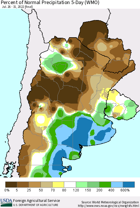 Southern South America Percent of Normal Precipitation 5-Day (WMO) Thematic Map For 7/26/2022 - 7/31/2022