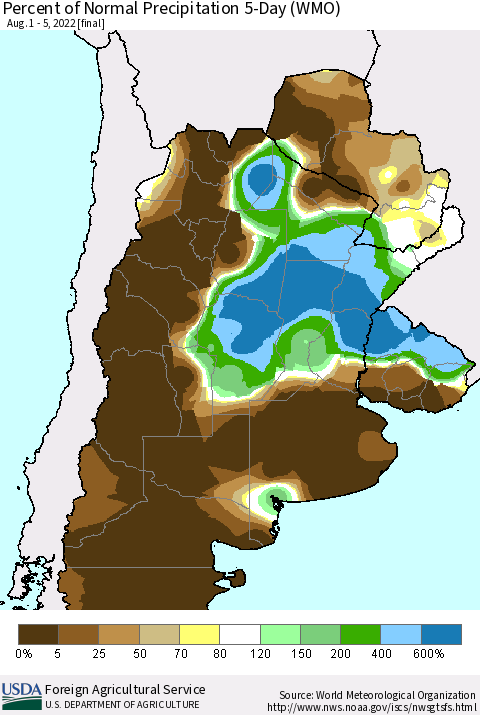 Southern South America Percent of Normal Precipitation 5-Day (WMO) Thematic Map For 8/1/2022 - 8/5/2022