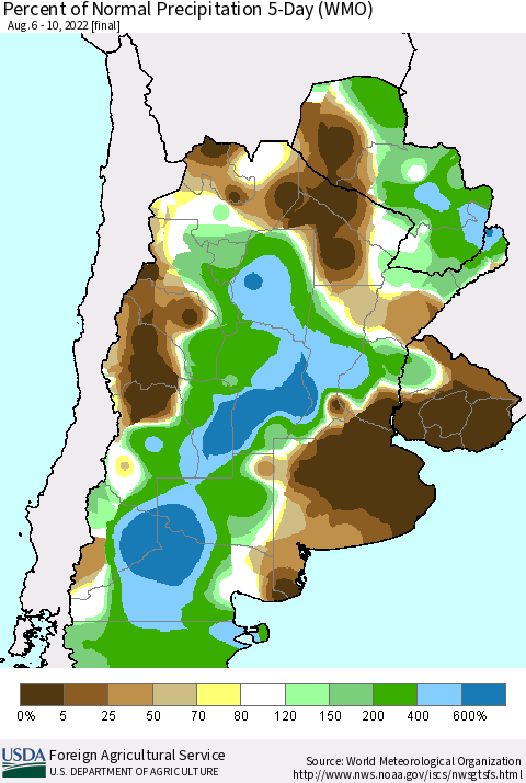 Southern South America Percent of Normal Precipitation 5-Day (WMO) Thematic Map For 8/6/2022 - 8/10/2022
