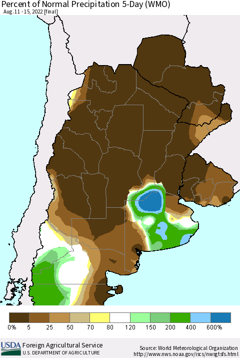 Southern South America Percent of Normal Precipitation 5-Day (WMO) Thematic Map For 8/11/2022 - 8/15/2022