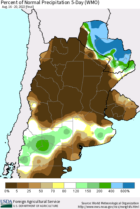Southern South America Percent of Normal Precipitation 5-Day (WMO) Thematic Map For 8/16/2022 - 8/20/2022