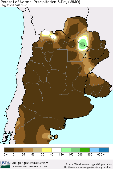 Southern South America Percent of Normal Precipitation 5-Day (WMO) Thematic Map For 8/21/2022 - 8/25/2022