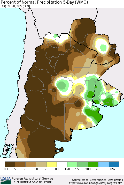 Southern South America Percent of Normal Precipitation 5-Day (WMO) Thematic Map For 8/26/2022 - 8/31/2022