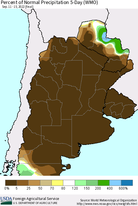 Southern South America Percent of Normal Precipitation 5-Day (WMO) Thematic Map For 9/11/2022 - 9/15/2022