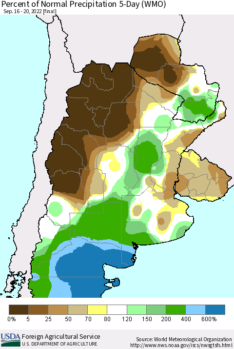 Southern South America Percent of Normal Precipitation 5-Day (WMO) Thematic Map For 9/16/2022 - 9/20/2022