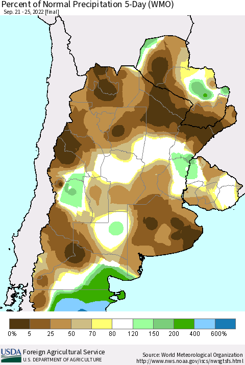 Southern South America Percent of Normal Precipitation 5-Day (WMO) Thematic Map For 9/21/2022 - 9/25/2022
