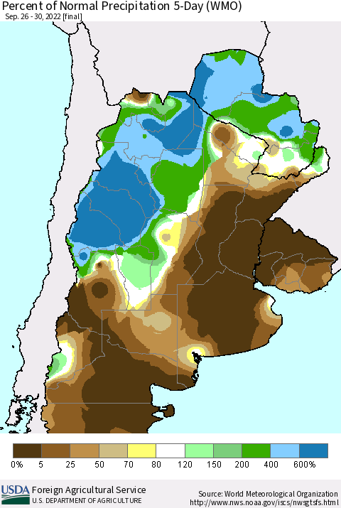 Southern South America Percent of Normal Precipitation 5-Day (WMO) Thematic Map For 9/26/2022 - 9/30/2022