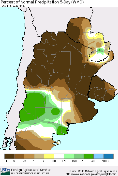 Southern South America Percent of Normal Precipitation 5-Day (WMO) Thematic Map For 10/1/2022 - 10/5/2022