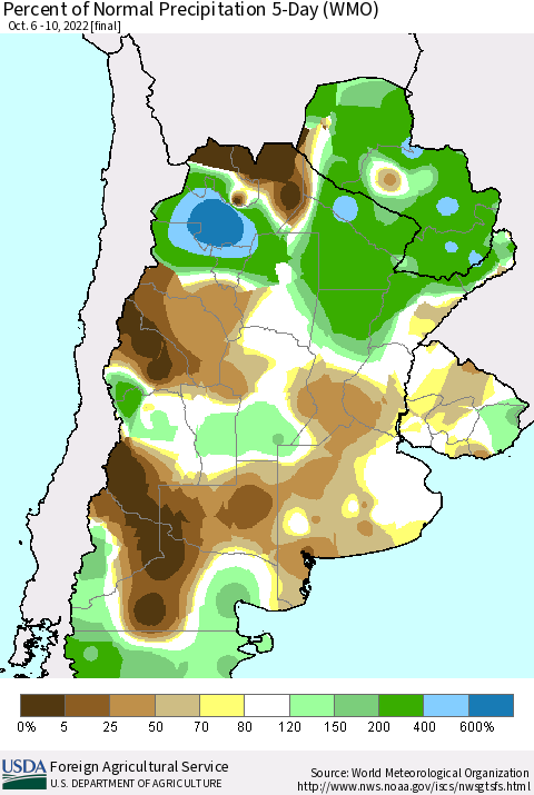 Southern South America Percent of Normal Precipitation 5-Day (WMO) Thematic Map For 10/6/2022 - 10/10/2022