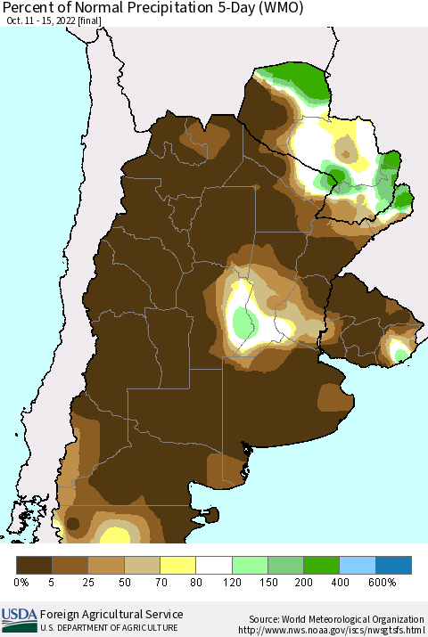 Southern South America Percent of Normal Precipitation 5-Day (WMO) Thematic Map For 10/11/2022 - 10/15/2022