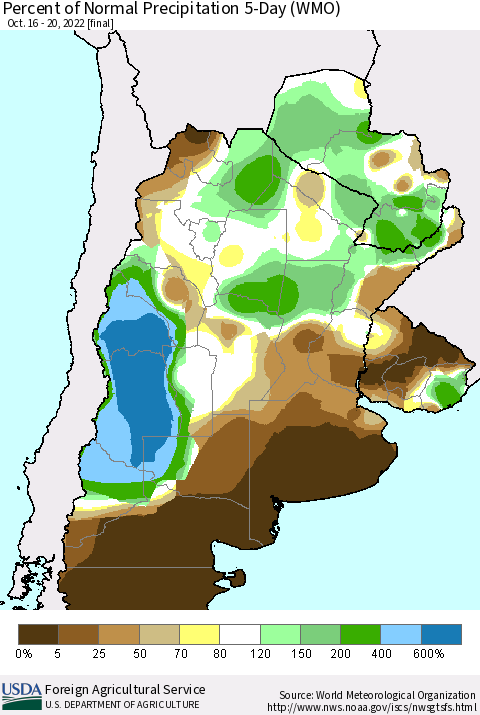 Southern South America Percent of Normal Precipitation 5-Day (WMO) Thematic Map For 10/16/2022 - 10/20/2022