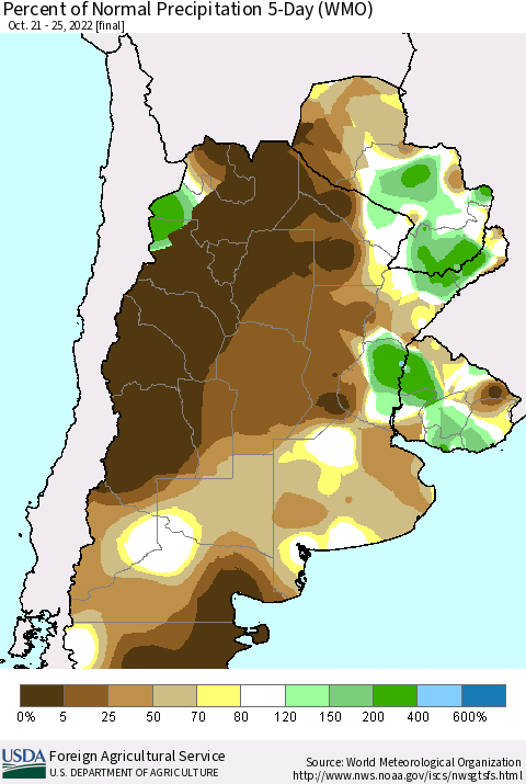 Southern South America Percent of Normal Precipitation 5-Day (WMO) Thematic Map For 10/21/2022 - 10/25/2022