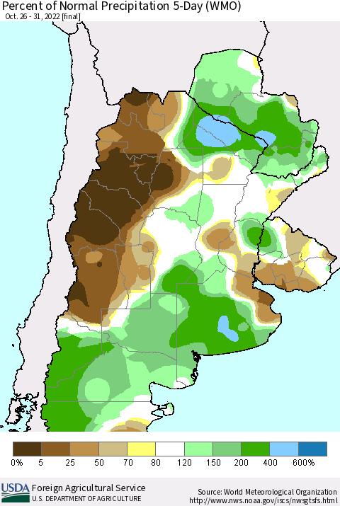 Southern South America Percent of Normal Precipitation 5-Day (WMO) Thematic Map For 10/26/2022 - 10/31/2022