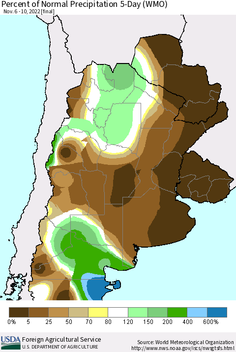 Southern South America Percent of Normal Precipitation 5-Day (WMO) Thematic Map For 11/6/2022 - 11/10/2022