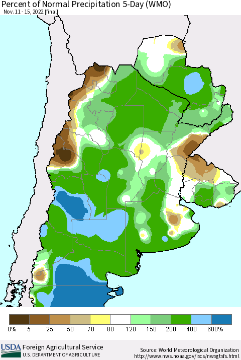 Southern South America Percent of Normal Precipitation 5-Day (WMO) Thematic Map For 11/11/2022 - 11/15/2022