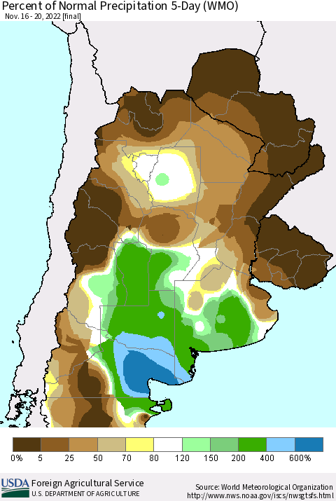 Southern South America Percent of Normal Precipitation 5-Day (WMO) Thematic Map For 11/16/2022 - 11/20/2022
