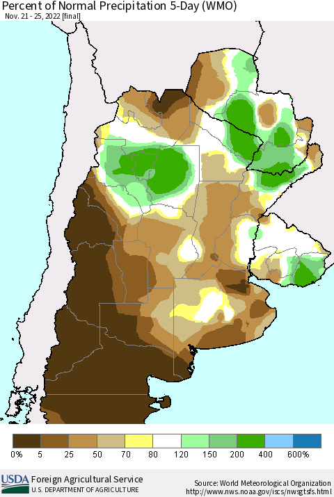 Southern South America Percent of Normal Precipitation 5-Day (WMO) Thematic Map For 11/21/2022 - 11/25/2022