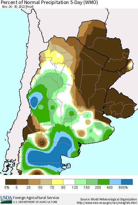 Southern South America Percent of Normal Precipitation 5-Day (WMO) Thematic Map For 11/26/2022 - 11/30/2022