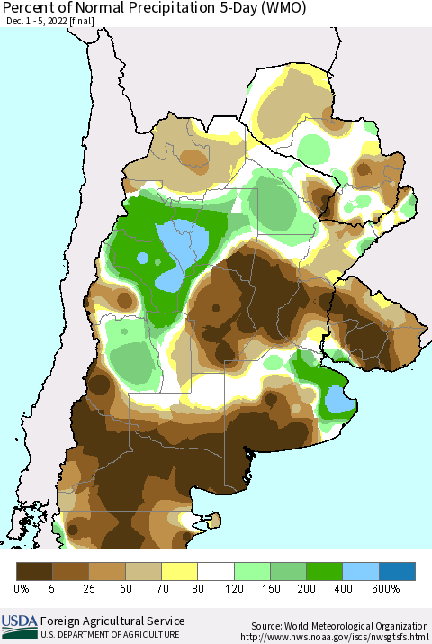 Southern South America Percent of Normal Precipitation 5-Day (WMO) Thematic Map For 12/1/2022 - 12/5/2022