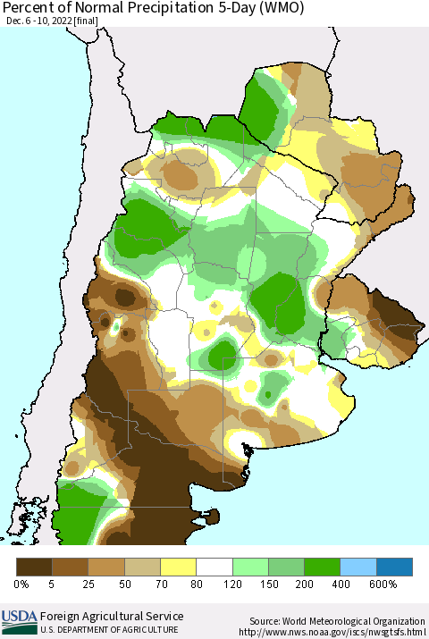 Southern South America Percent of Normal Precipitation 5-Day (WMO) Thematic Map For 12/6/2022 - 12/10/2022