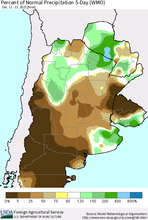 Southern South America Percent of Normal Precipitation 5-Day (WMO) Thematic Map For 12/11/2022 - 12/15/2022
