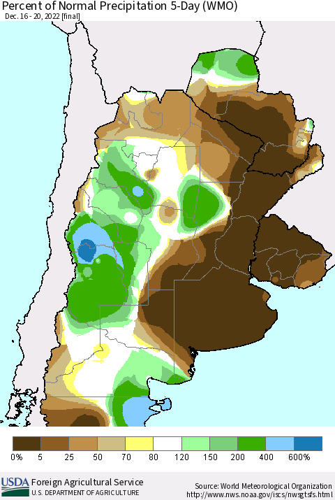 Southern South America Percent of Normal Precipitation 5-Day (WMO) Thematic Map For 12/16/2022 - 12/20/2022