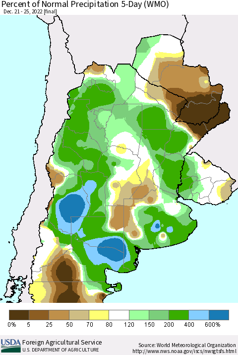 Southern South America Percent of Normal Precipitation 5-Day (WMO) Thematic Map For 12/21/2022 - 12/25/2022