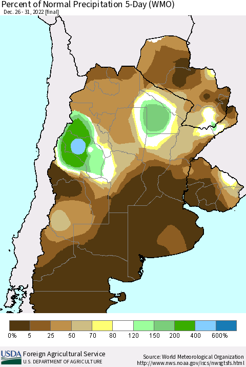 Southern South America Percent of Normal Precipitation 5-Day (WMO) Thematic Map For 12/26/2022 - 12/31/2022