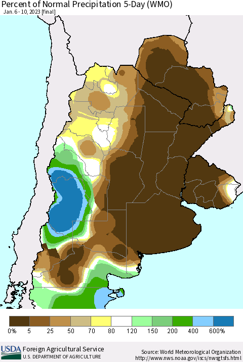 Southern South America Percent of Normal Precipitation 5-Day (WMO) Thematic Map For 1/6/2023 - 1/10/2023