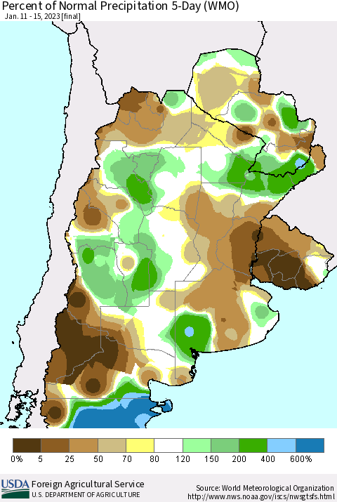 Southern South America Percent of Normal Precipitation 5-Day (WMO) Thematic Map For 1/11/2023 - 1/15/2023
