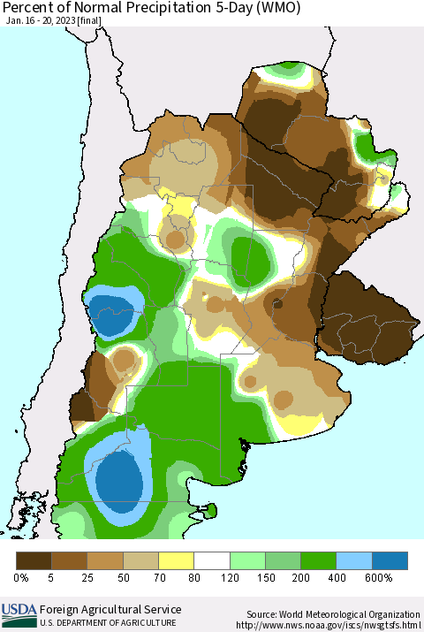 Southern South America Percent of Normal Precipitation 5-Day (WMO) Thematic Map For 1/16/2023 - 1/20/2023