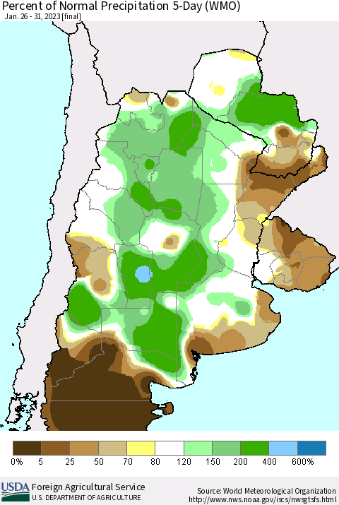 Southern South America Percent of Normal Precipitation 5-Day (WMO) Thematic Map For 1/26/2023 - 1/31/2023