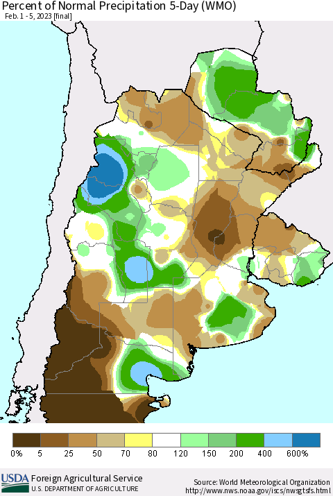 Southern South America Percent of Normal Precipitation 5-Day (WMO) Thematic Map For 2/1/2023 - 2/5/2023