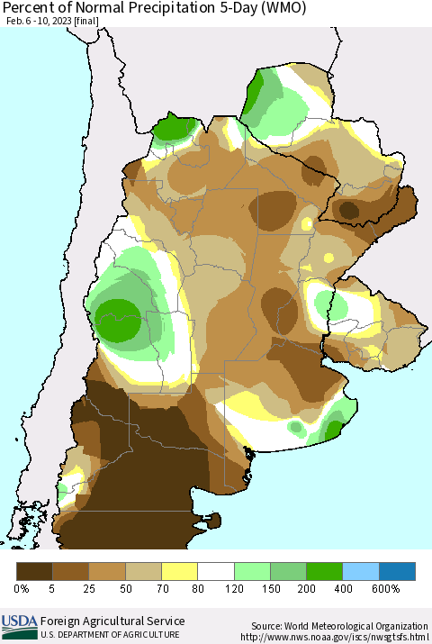 Southern South America Percent of Normal Precipitation 5-Day (WMO) Thematic Map For 2/6/2023 - 2/10/2023