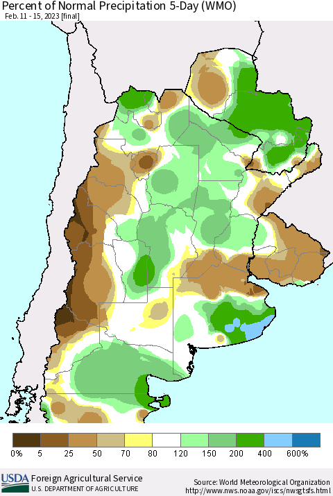 Southern South America Percent of Normal Precipitation 5-Day (WMO) Thematic Map For 2/11/2023 - 2/15/2023